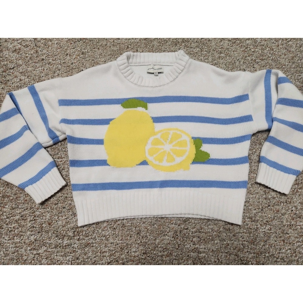 Freshman 1996 Women's‎ Cream and Blue Striped Lemon Cropped Knit Pullover Size L